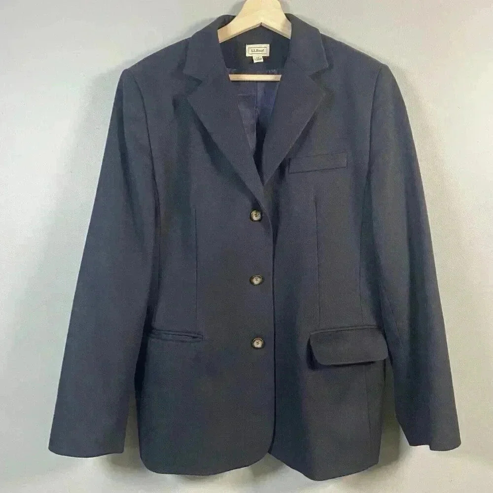 LL Bean Wool Cashmere Blazer 14R Navy‎ Jacket Capsule Minimalist Preppy Vtg